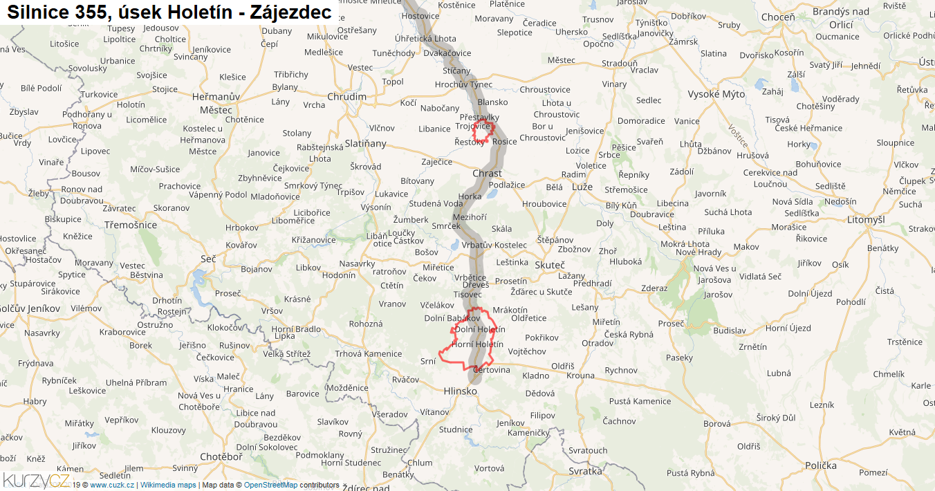 Úsek Holetín - Zájezdec, Silnice 355 - Mapa