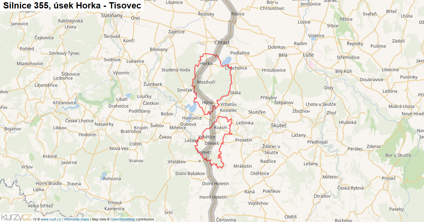 Úsek Horka - Tisovec, Silnice 355 - Mapa