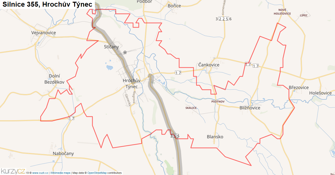 Hrochův Týnec, Silnice 355 - Mapa