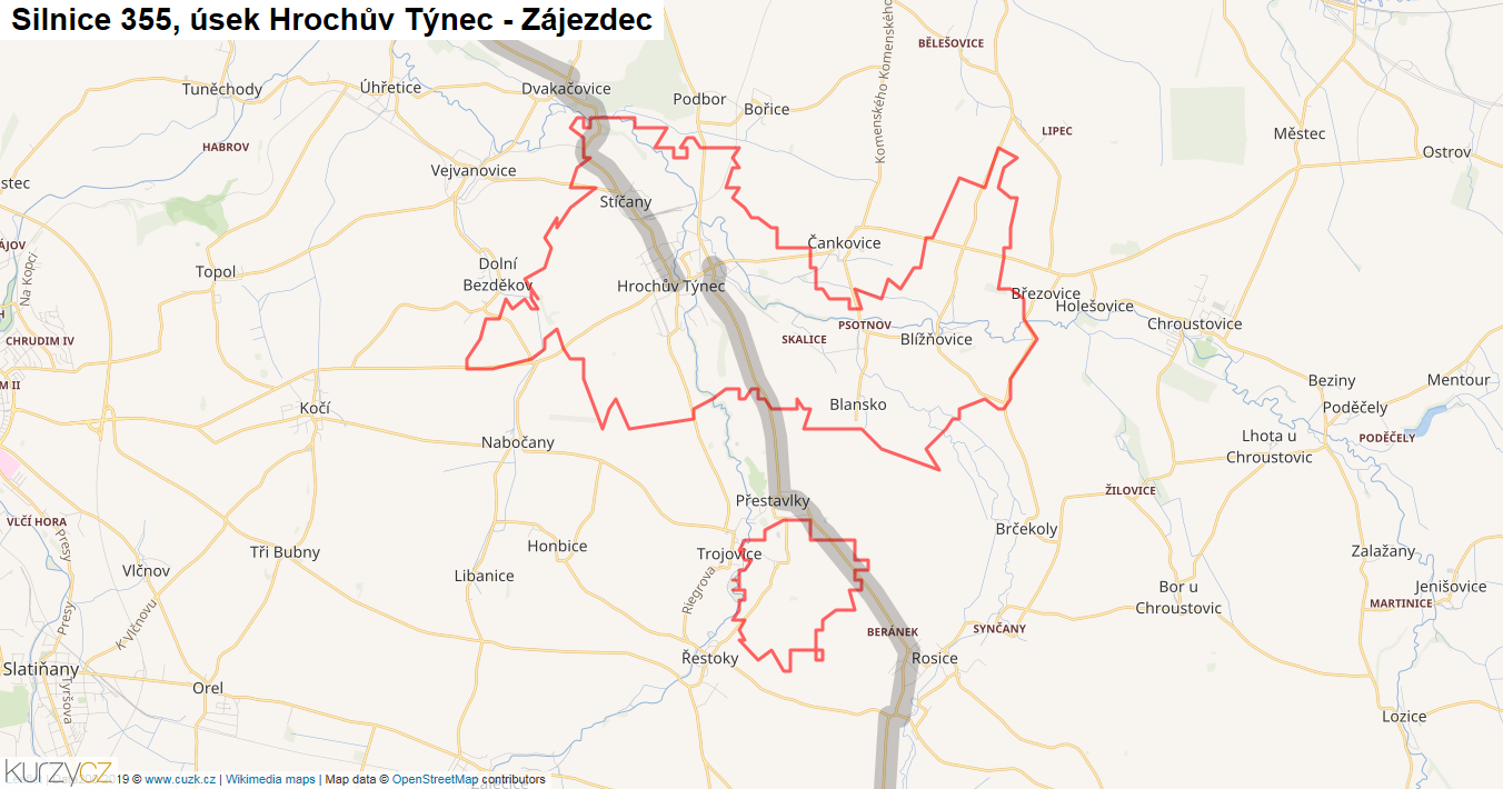 Úsek Hrochův Týnec - Zájezdec, Silnice 355 - Mapa