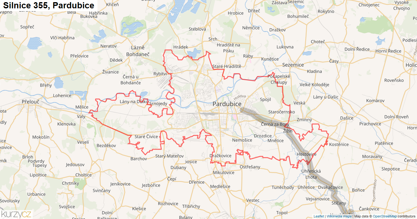 Pardubice, Silnice 355 - Mapa