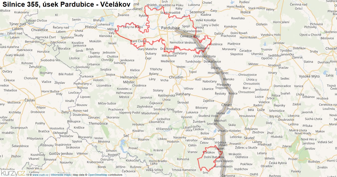 Úsek Pardubice - Včelákov, Silnice 355 - Mapa