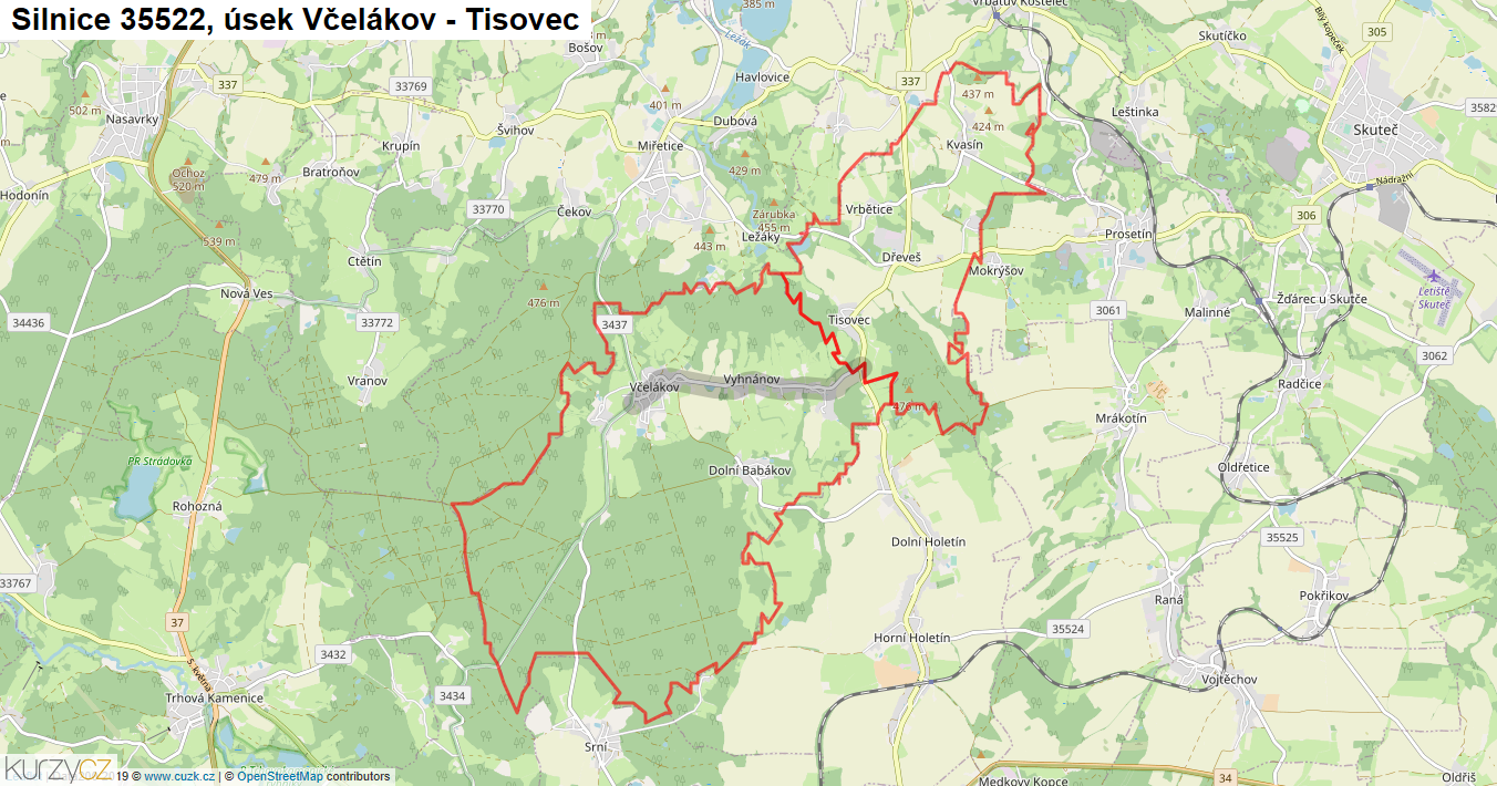 Úsek Včelákov - Tisovec, Silnice 35522 - Mapa