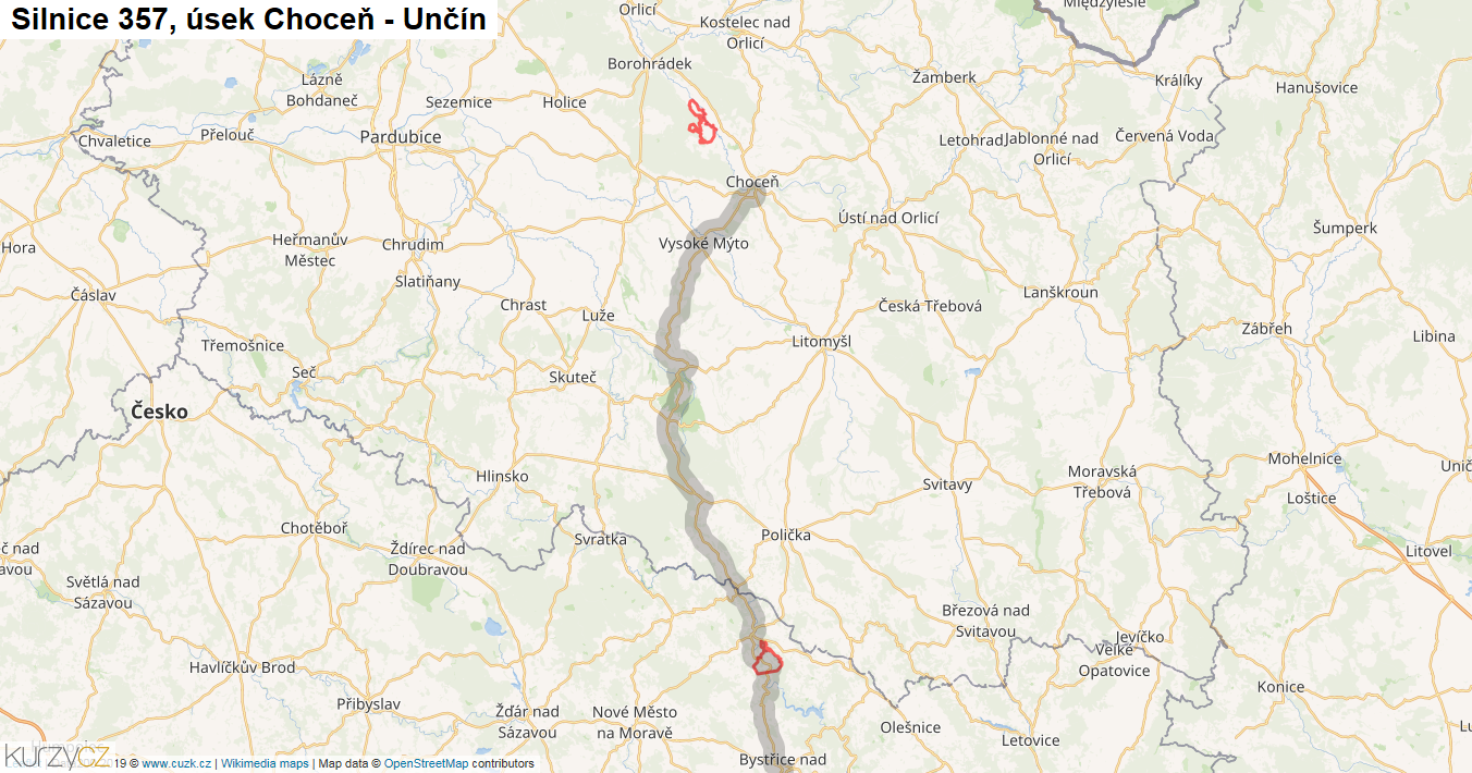 Úsek Choceň - Unčín, Silnice 357 - Mapa