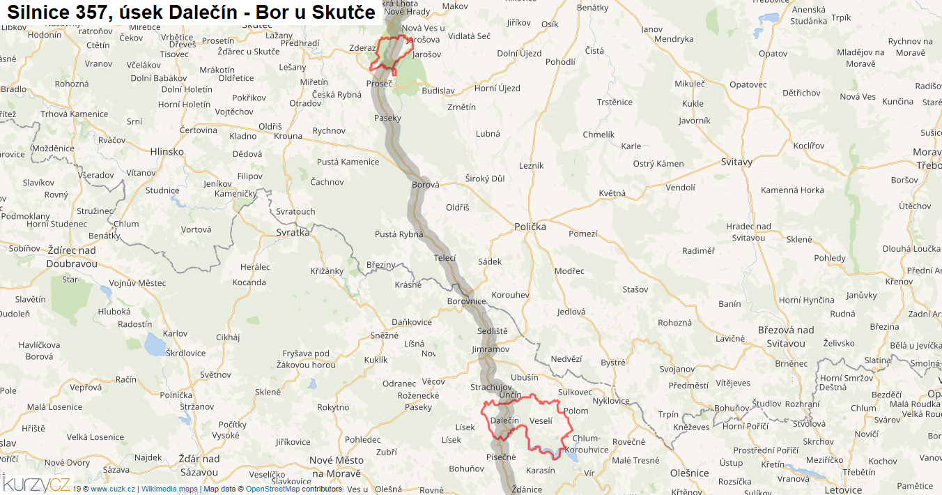 Úsek Dalečín - Bor u Skutče, Silnice 357 - Mapa