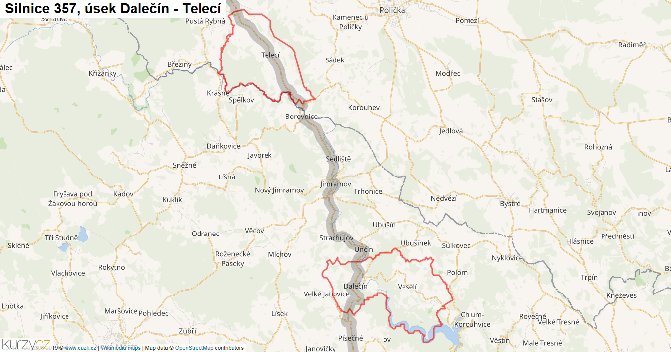 Úsek Dalečín - Telecí, Silnice 357 - Mapa