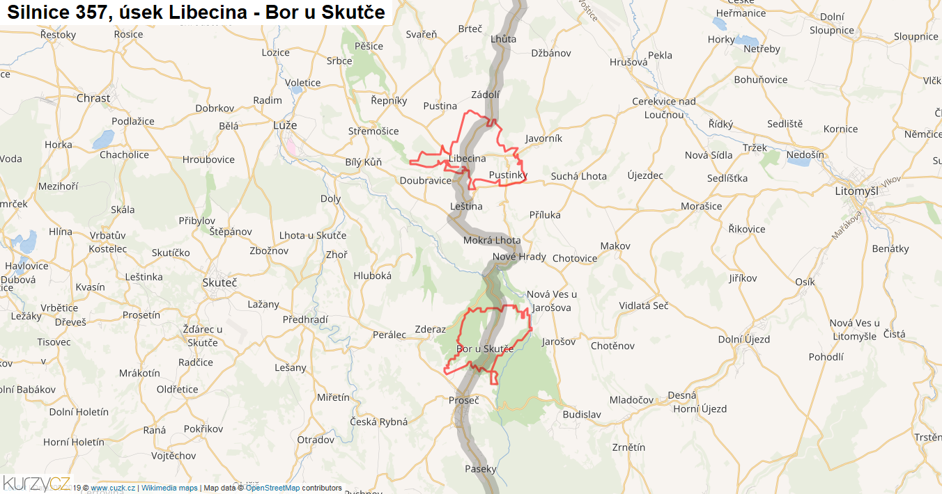 Úsek Libecina - Bor u Skutče, Silnice 357 - Mapa