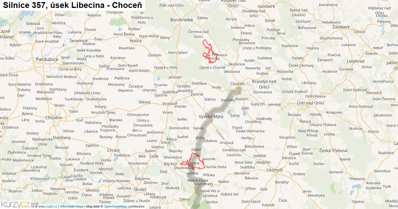 Úsek Libecina - Choceň, Silnice 357 - Mapa