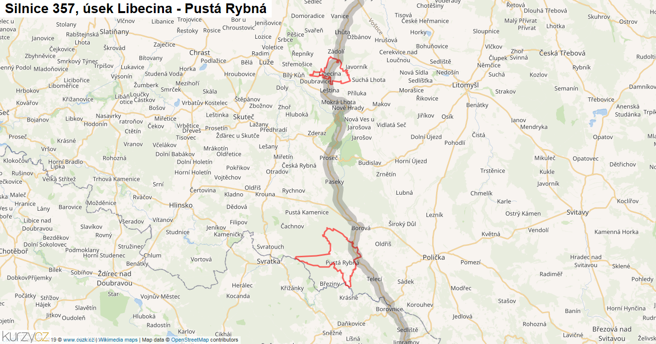 Úsek Libecina - Pustá Rybná, Silnice 357 - Mapa