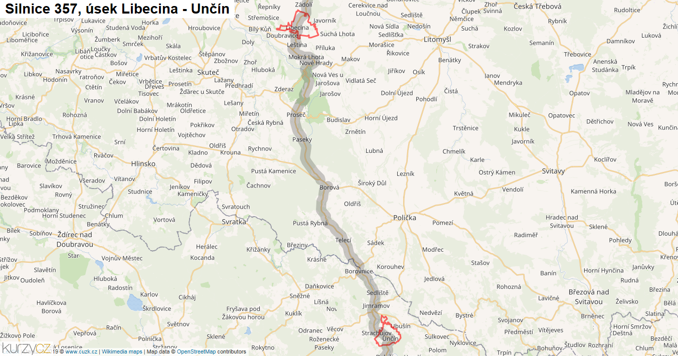Úsek Libecina - Unčín, Silnice 357 - Mapa