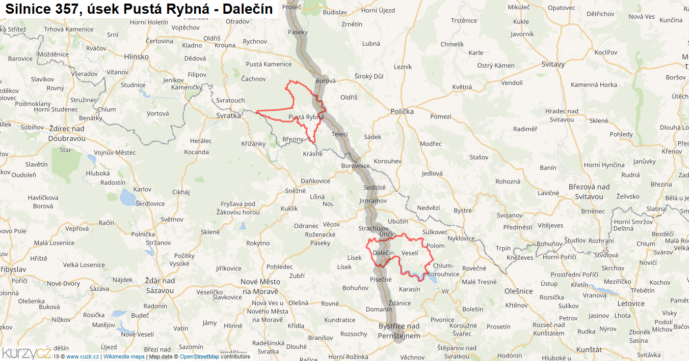 Úsek Pustá Rybná - Dalečín, Silnice 357 - Mapa