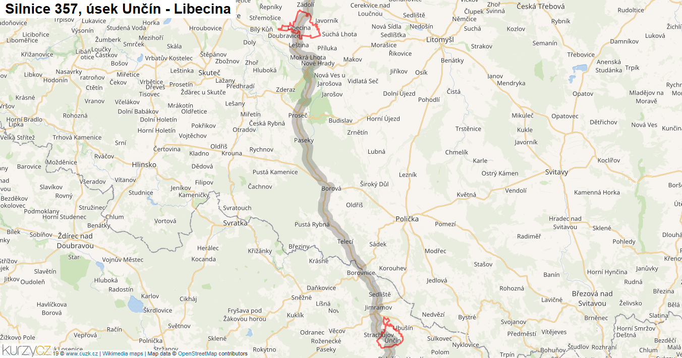 Úsek Unčín - Libecina, Silnice 357 - Mapa