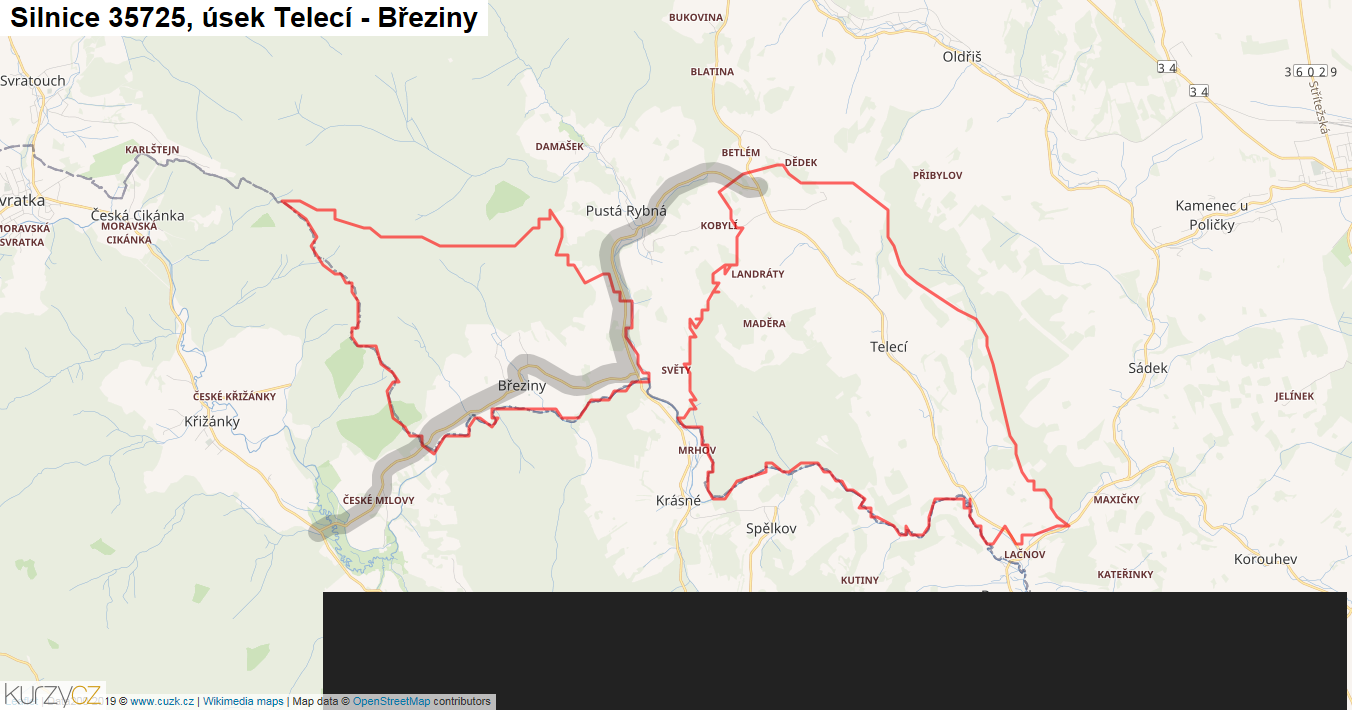 Úsek Telecí - Březiny, Silnice 35725 - Mapa
