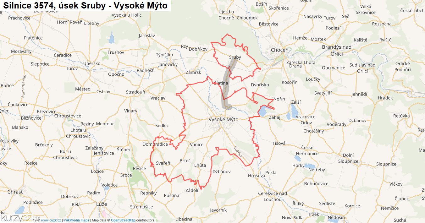 Úsek Sruby - Vysoké Mýto, Silnice 3574 - Mapa