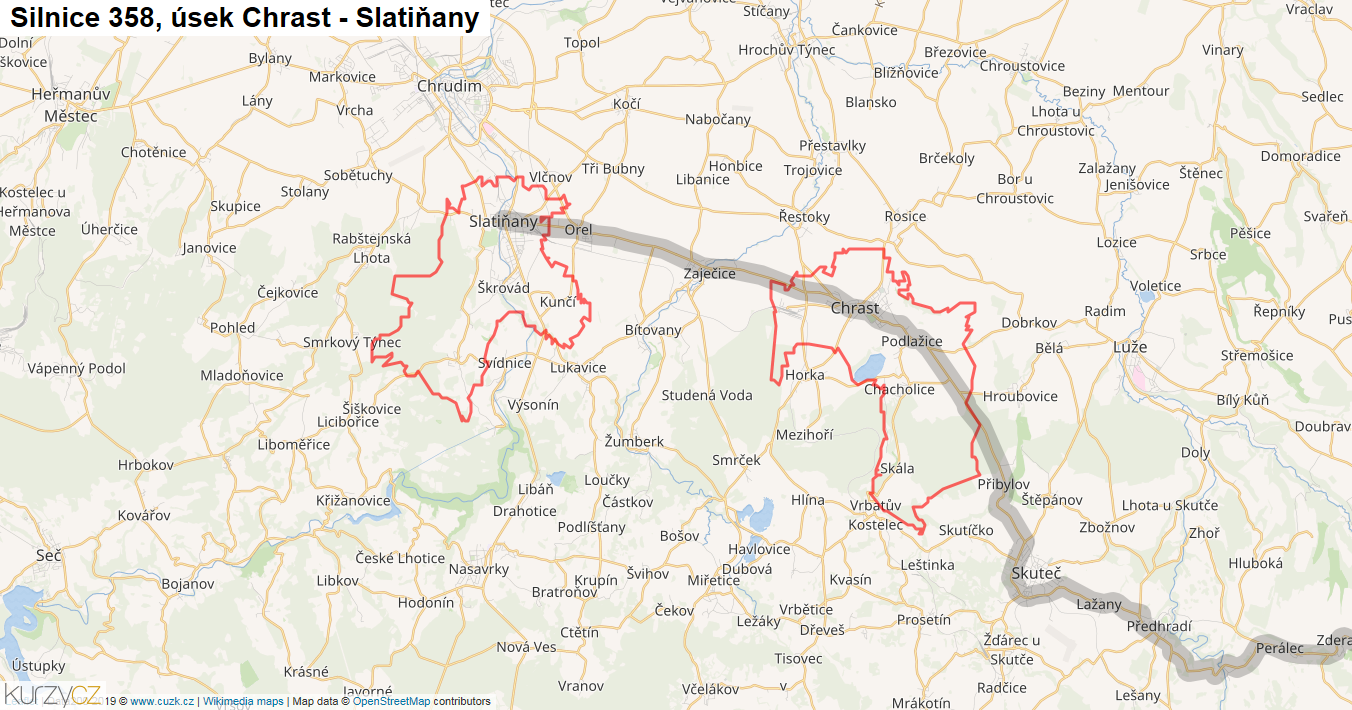 Úsek Chrast - Slatiňany, Silnice 358 - Mapa