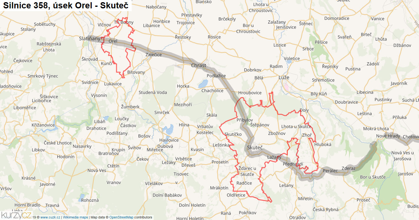 Úsek Orel - Skuteč, Silnice 358 - Mapa