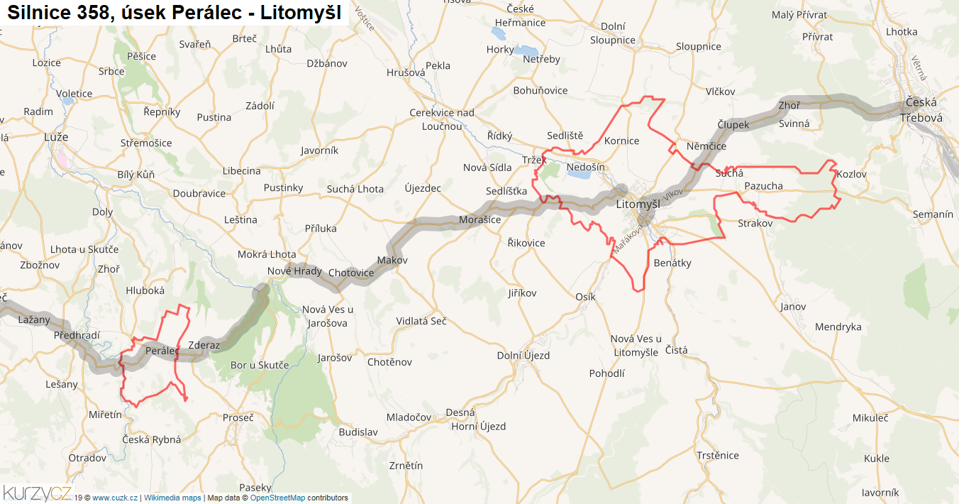 Úsek Perálec - Litomyšl, Silnice 358 - Mapa