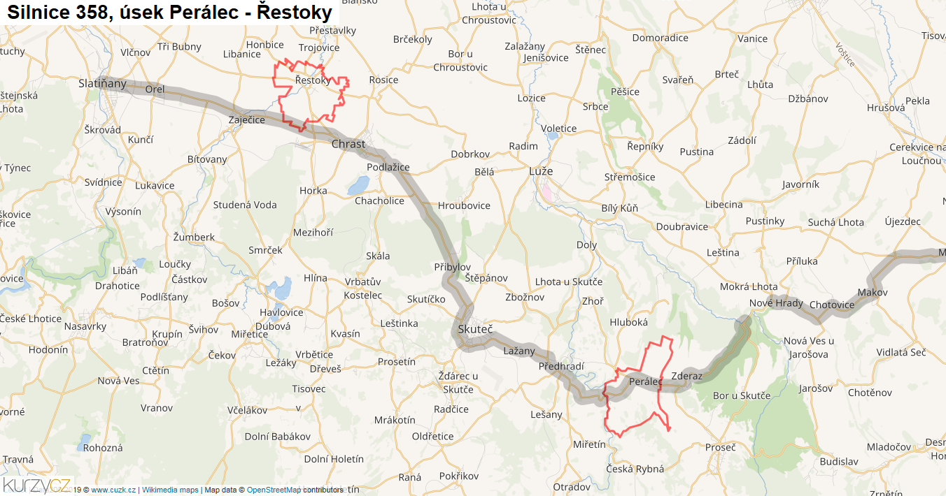 Úsek Perálec - Řestoky, Silnice 358 - Mapa