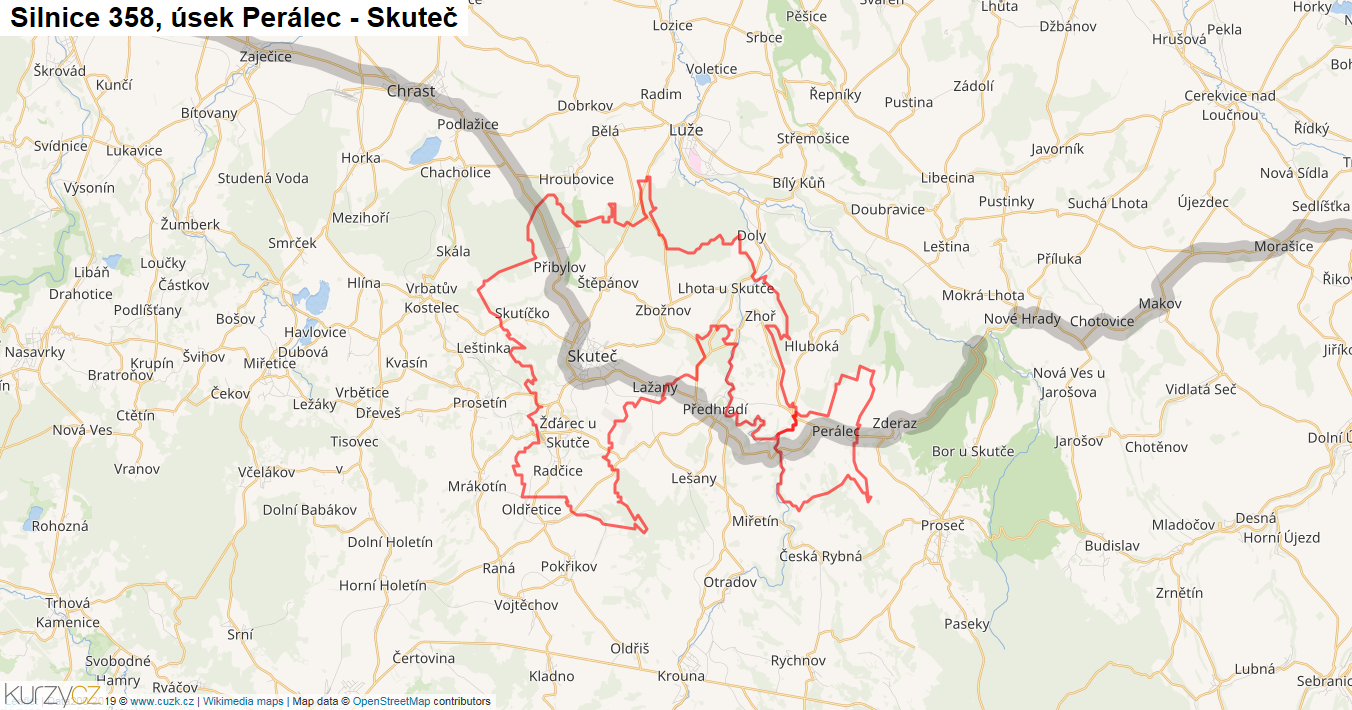 Úsek Perálec - Skuteč, Silnice 358 - Mapa