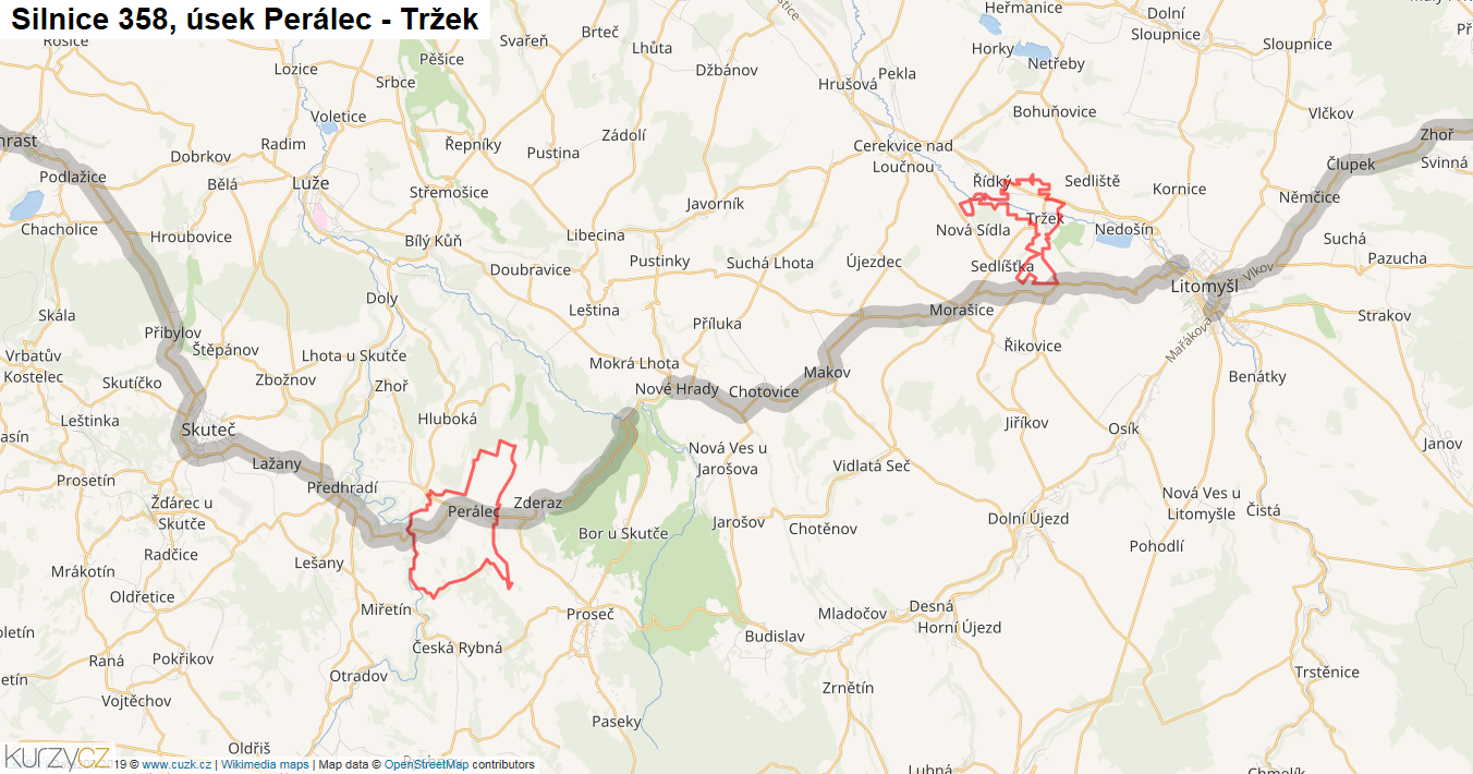 Úsek Perálec - Tržek, Silnice 358 - Mapa