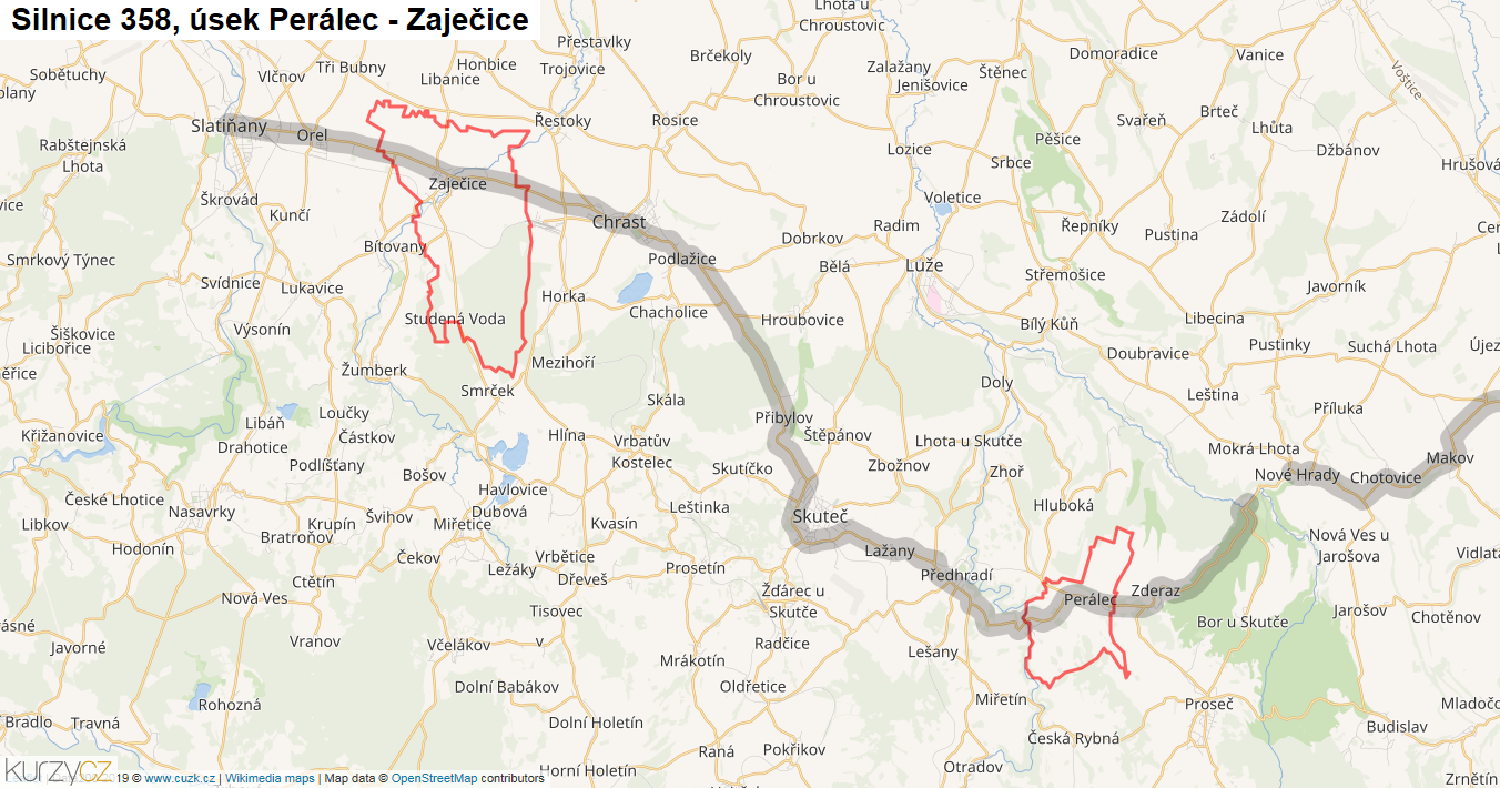 Úsek Perálec - Zaječice, Silnice 358 - Mapa