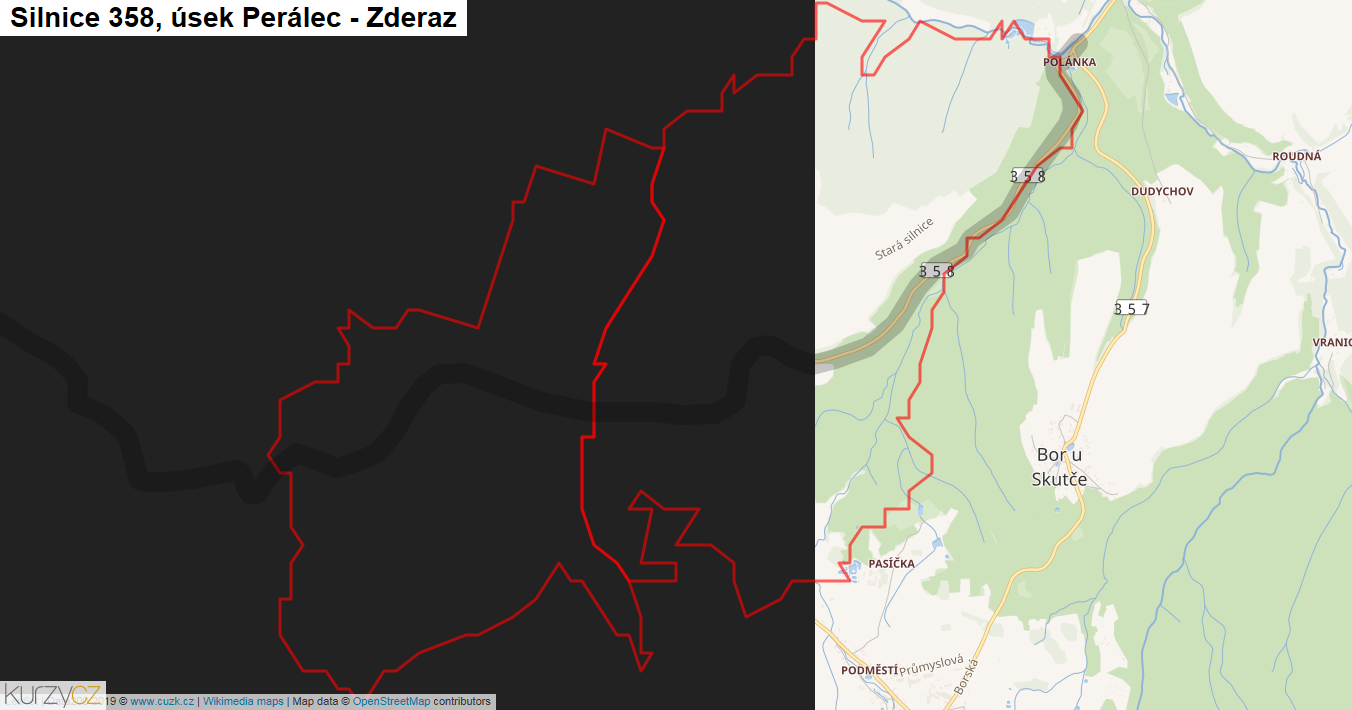 Úsek Perálec - Zderaz, Silnice 358 - Mapa