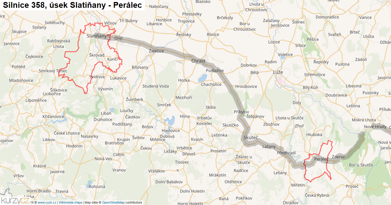 Úsek Slatiňany - Perálec, Silnice 358 - Mapa