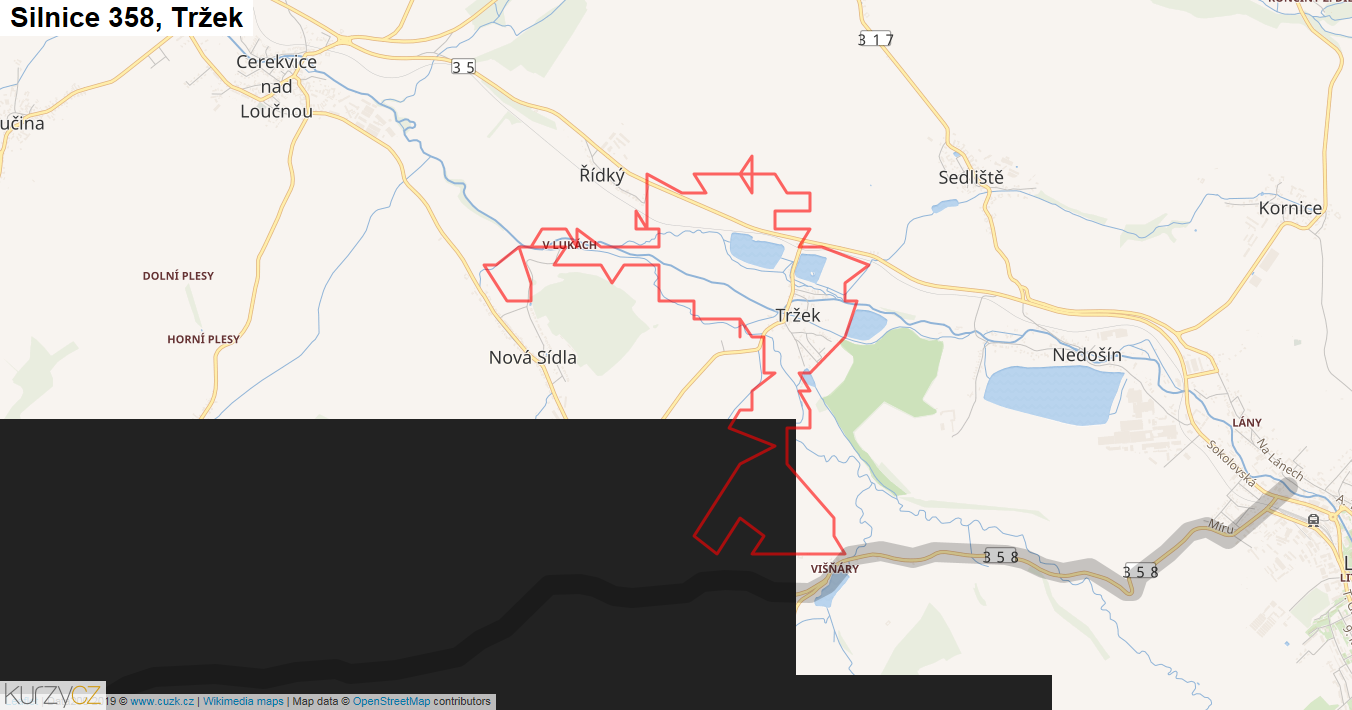 Tržek, Silnice 358 - Mapa