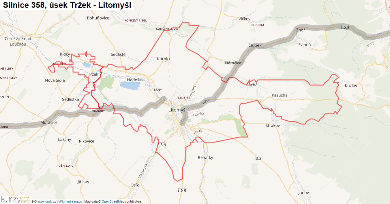 Úsek Tržek - Litomyšl, Silnice 358 - Mapa