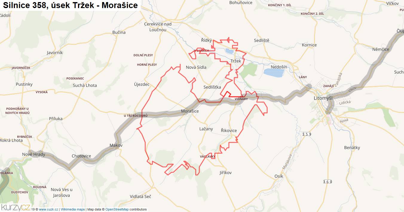 Úsek Tržek - Morašice, Silnice 358 - Mapa
