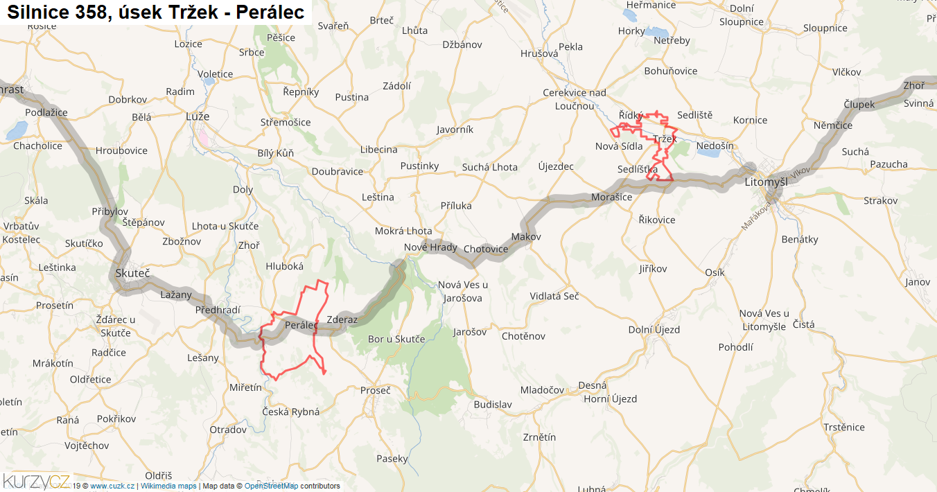Úsek Tržek - Perálec, Silnice 358 - Mapa