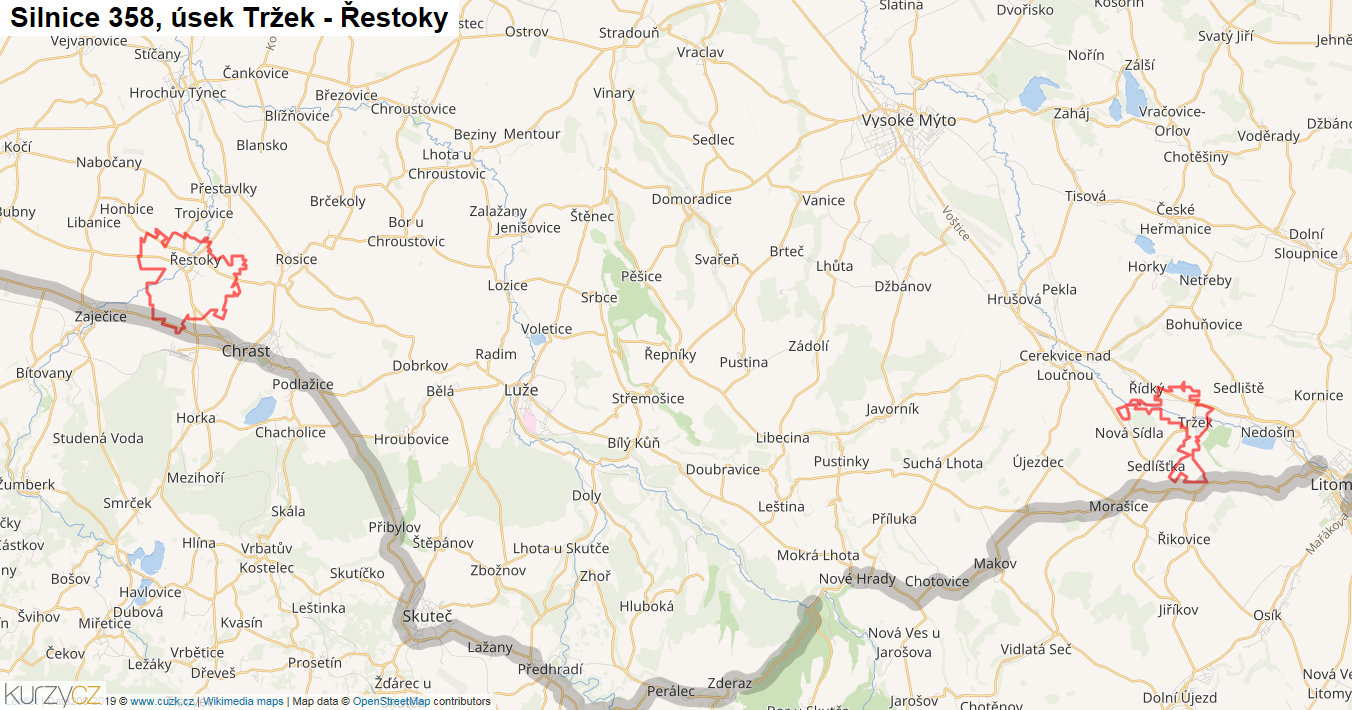 Úsek Tržek - Řestoky, Silnice 358 - Mapa