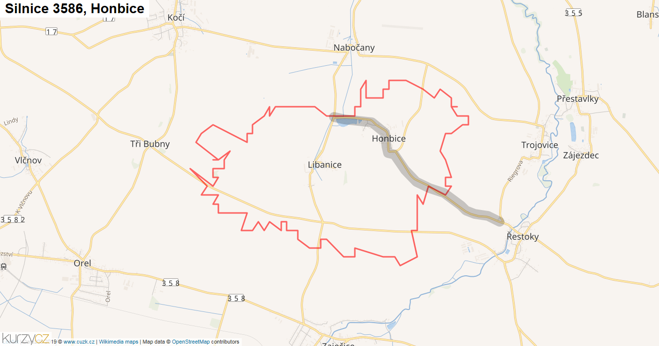 Honbice, Silnice 3586 - Mapa