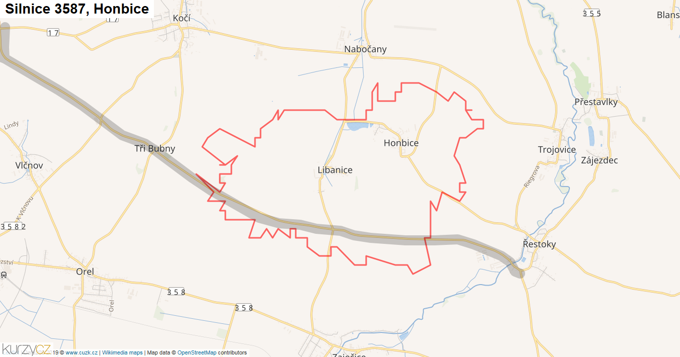Honbice, Silnice 3587 - Mapa