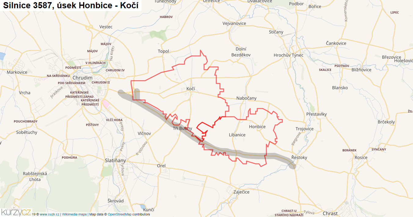 Úsek Honbice - Kočí, Silnice 3587 - Mapa