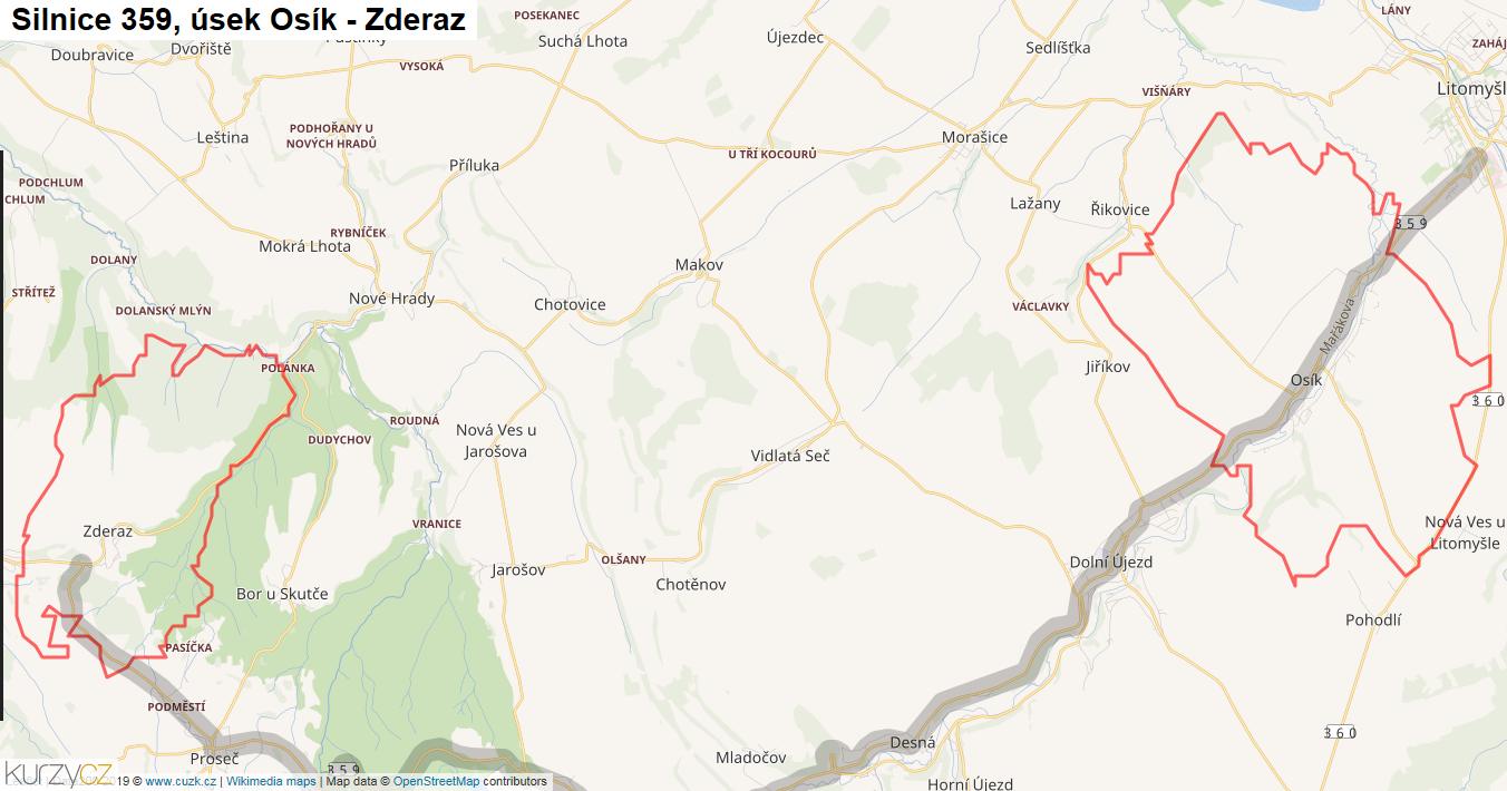 Úsek Osík - Zderaz, Silnice 359 - Mapa