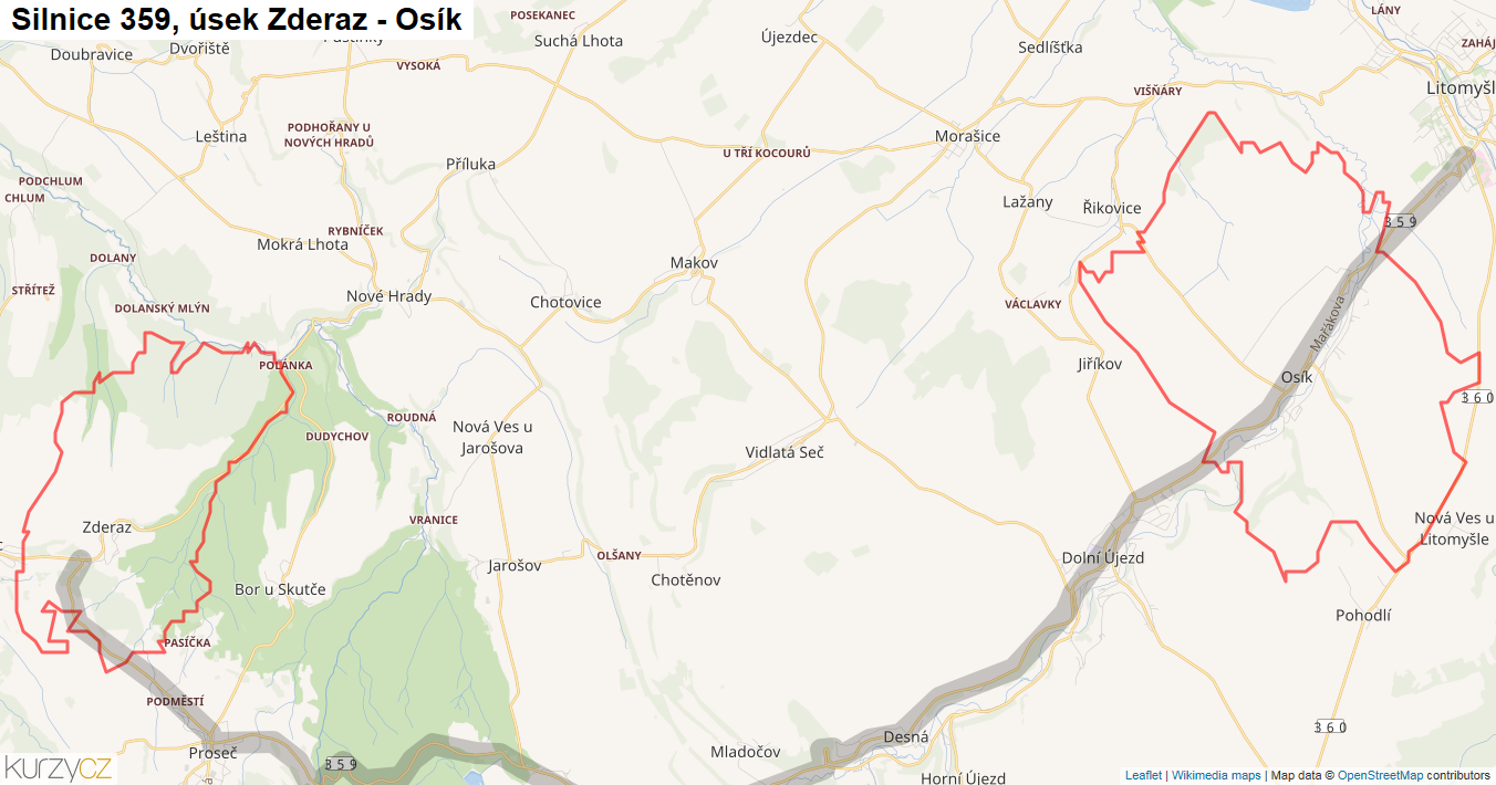 Úsek Zderaz - Osík, Silnice 359 - Mapa
