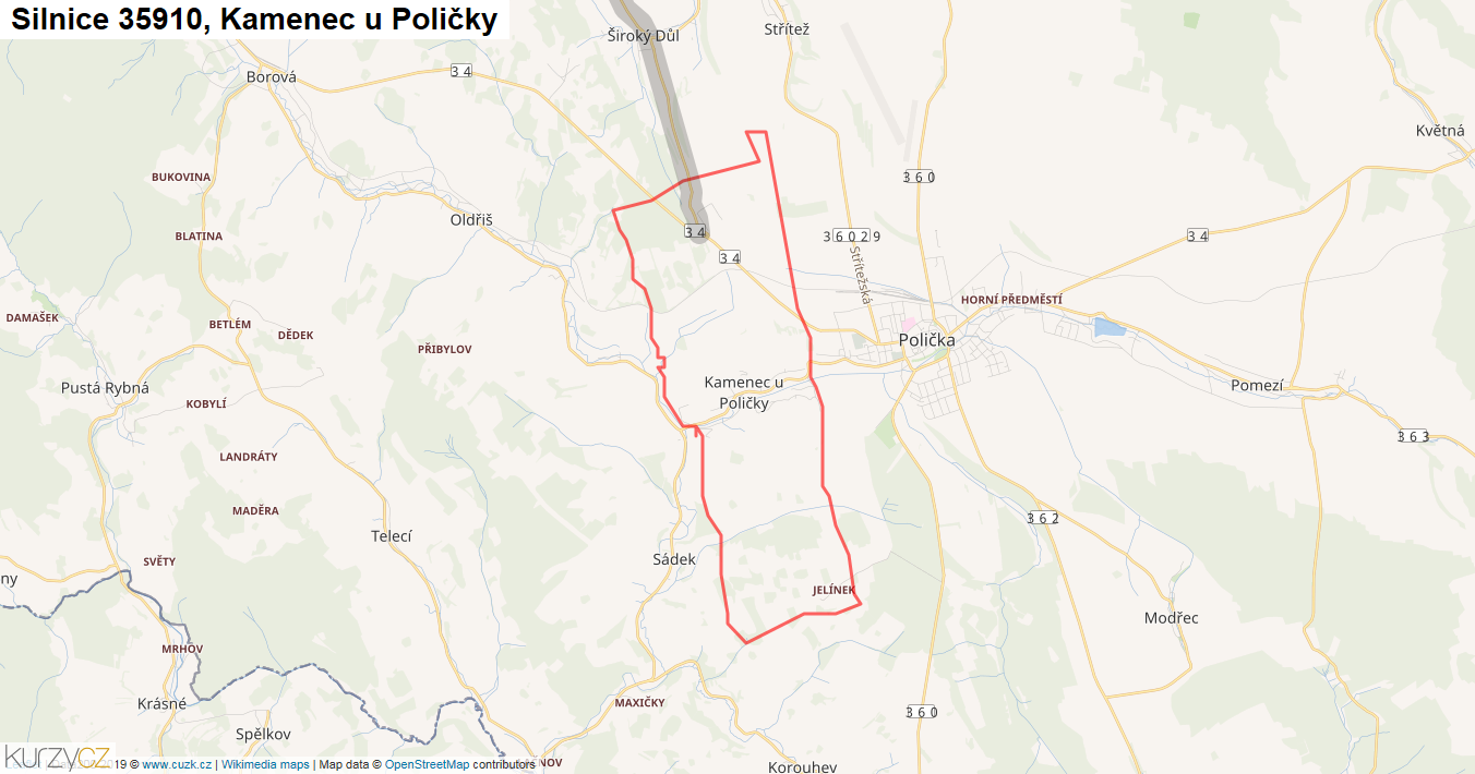 Kamenec u Poličky, Silnice 35910 - Mapa