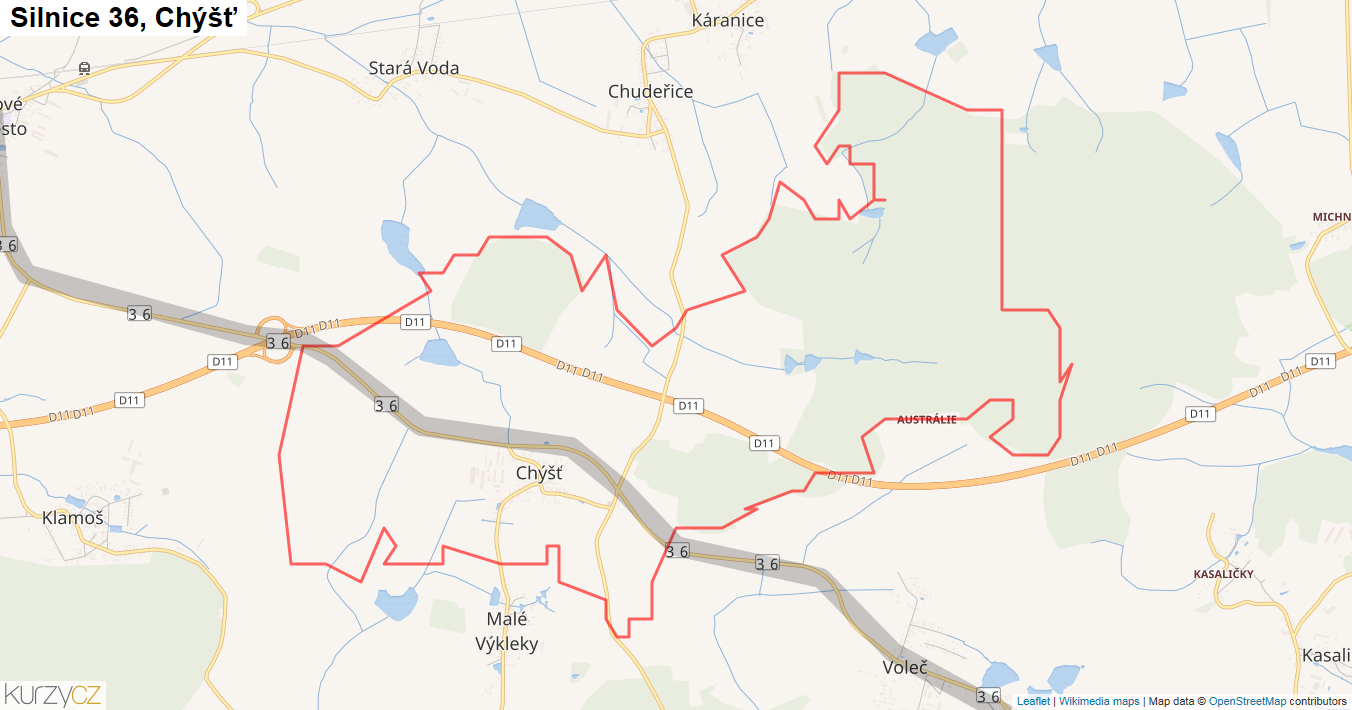 Chýšť, Silnice 36 - Mapa