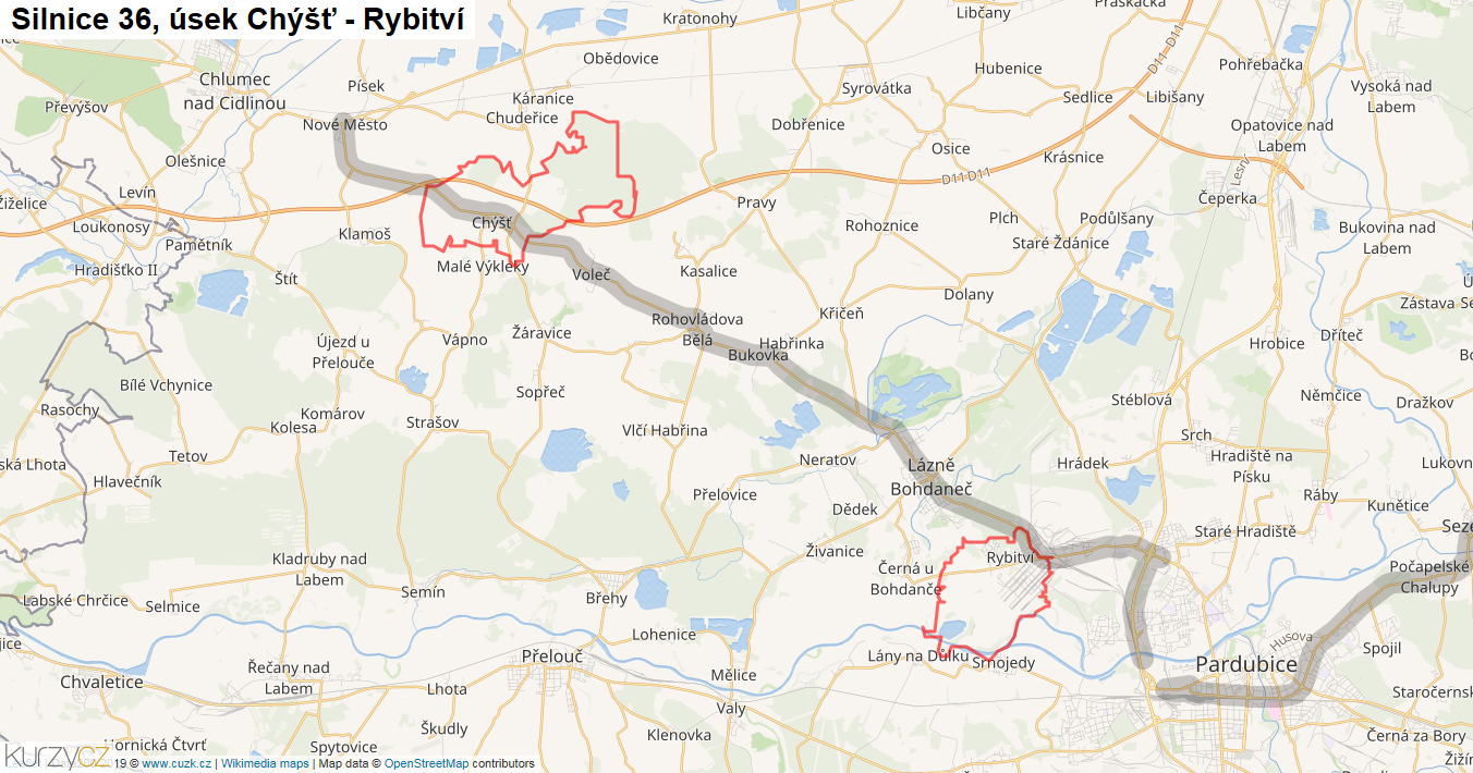 Úsek Chýšť - Rybitví, Silnice 36 - Mapa