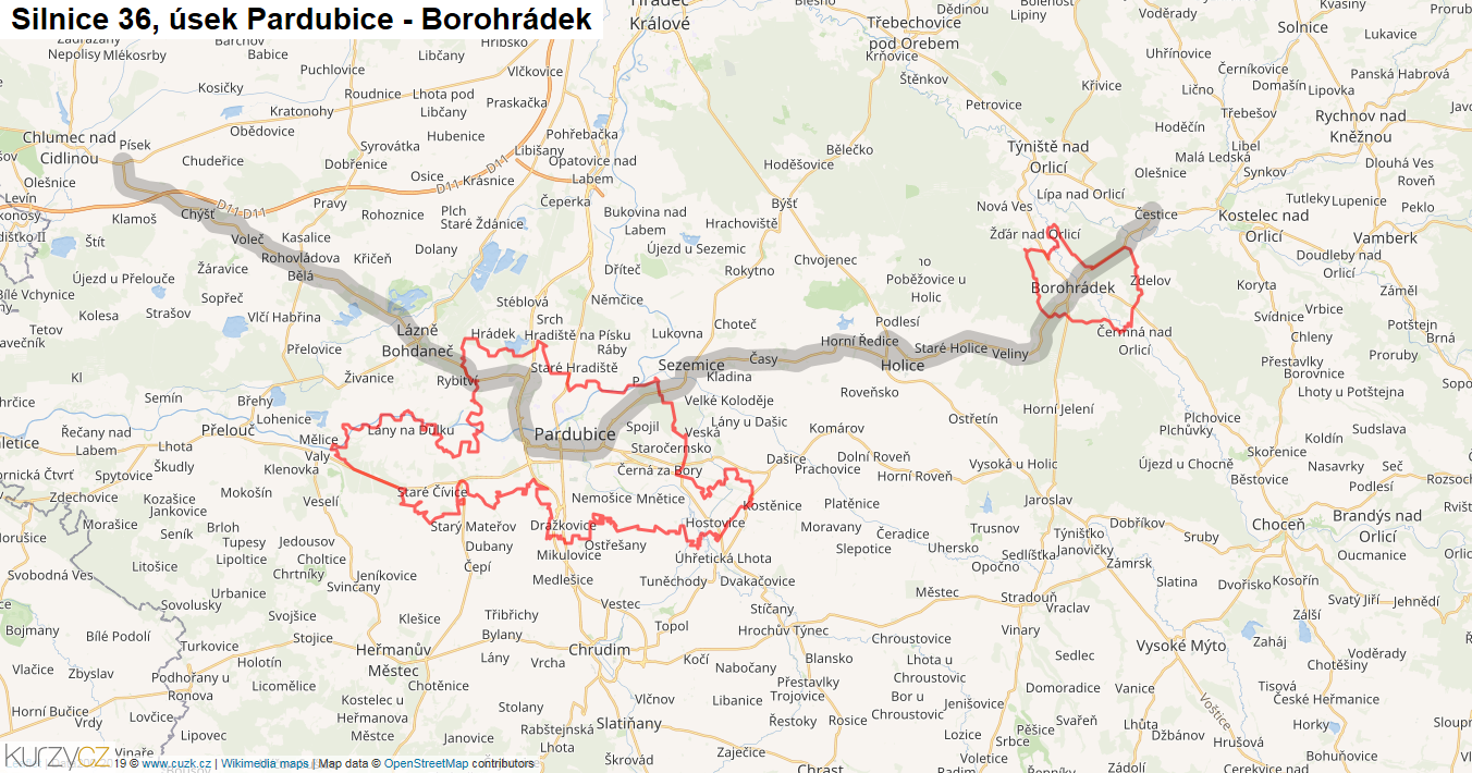 Úsek Pardubice - Borohrádek, Silnice 36 - Mapa