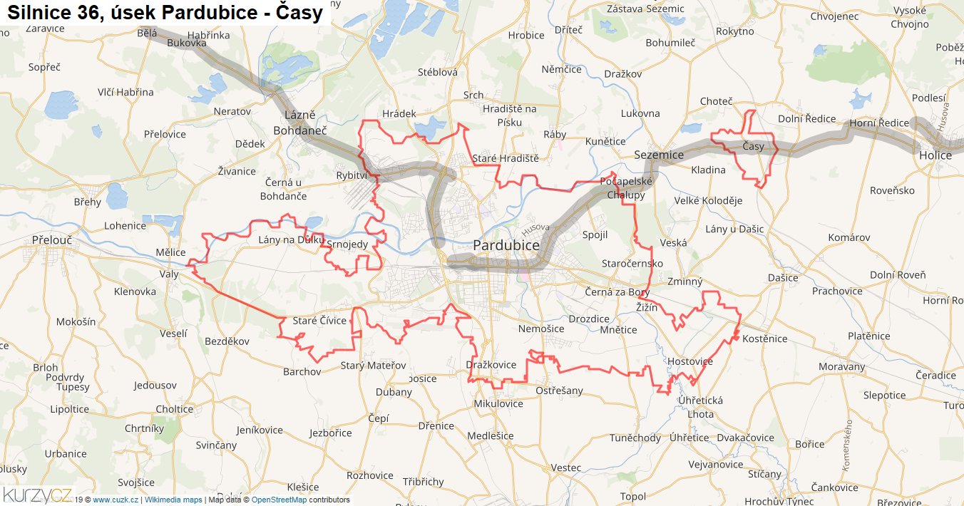 Úsek Pardubice - Časy, Silnice 36 - Mapa