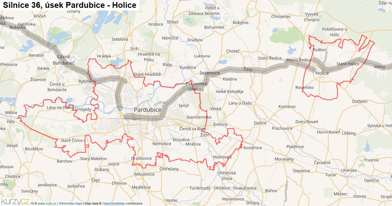 Úsek Pardubice - Holice, Silnice 36 - Mapa