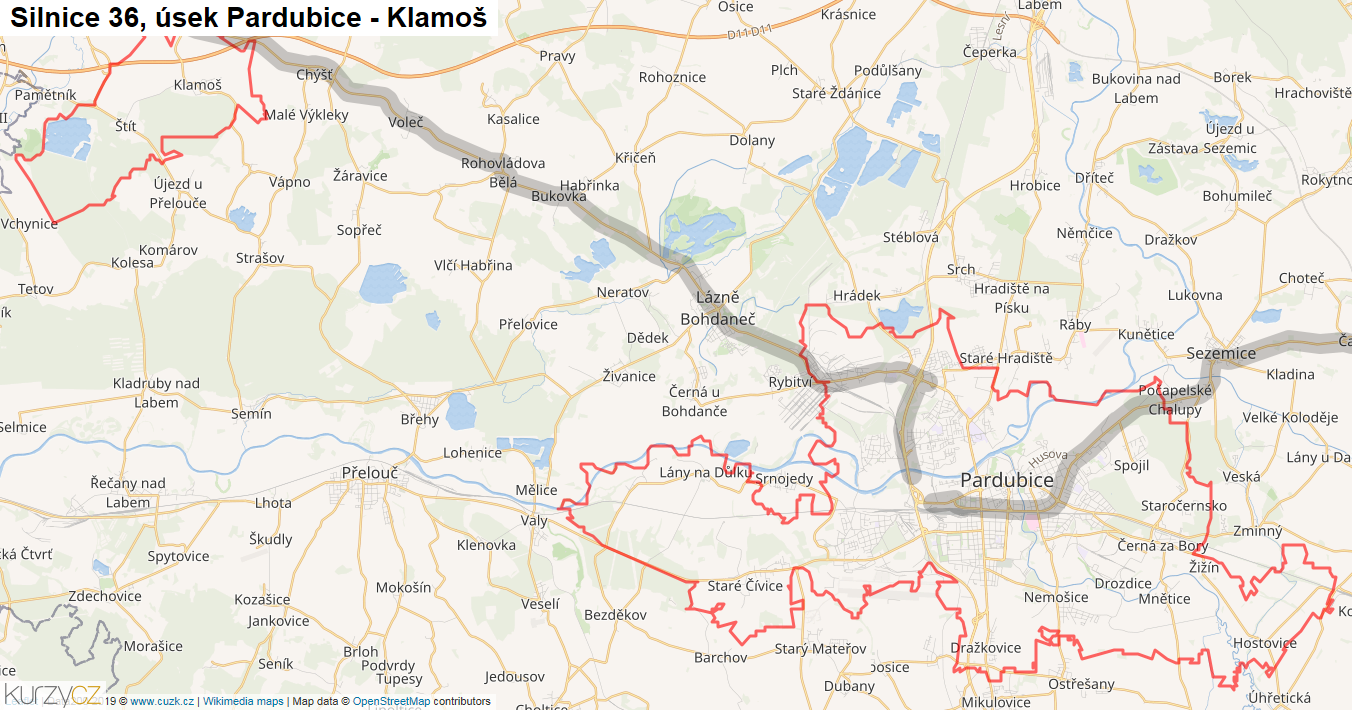 Úsek Pardubice - Klamoš, Silnice 36 - Mapa