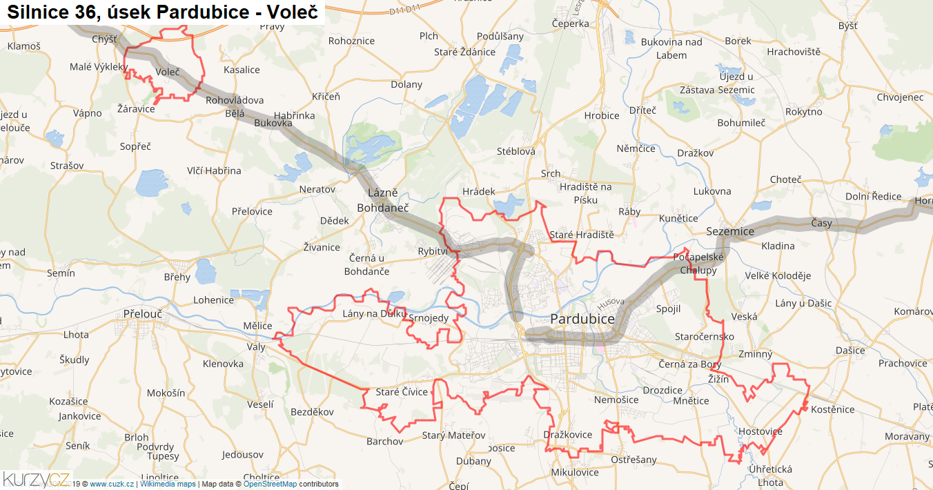 Úsek Pardubice - Voleč, Silnice 36 - Mapa