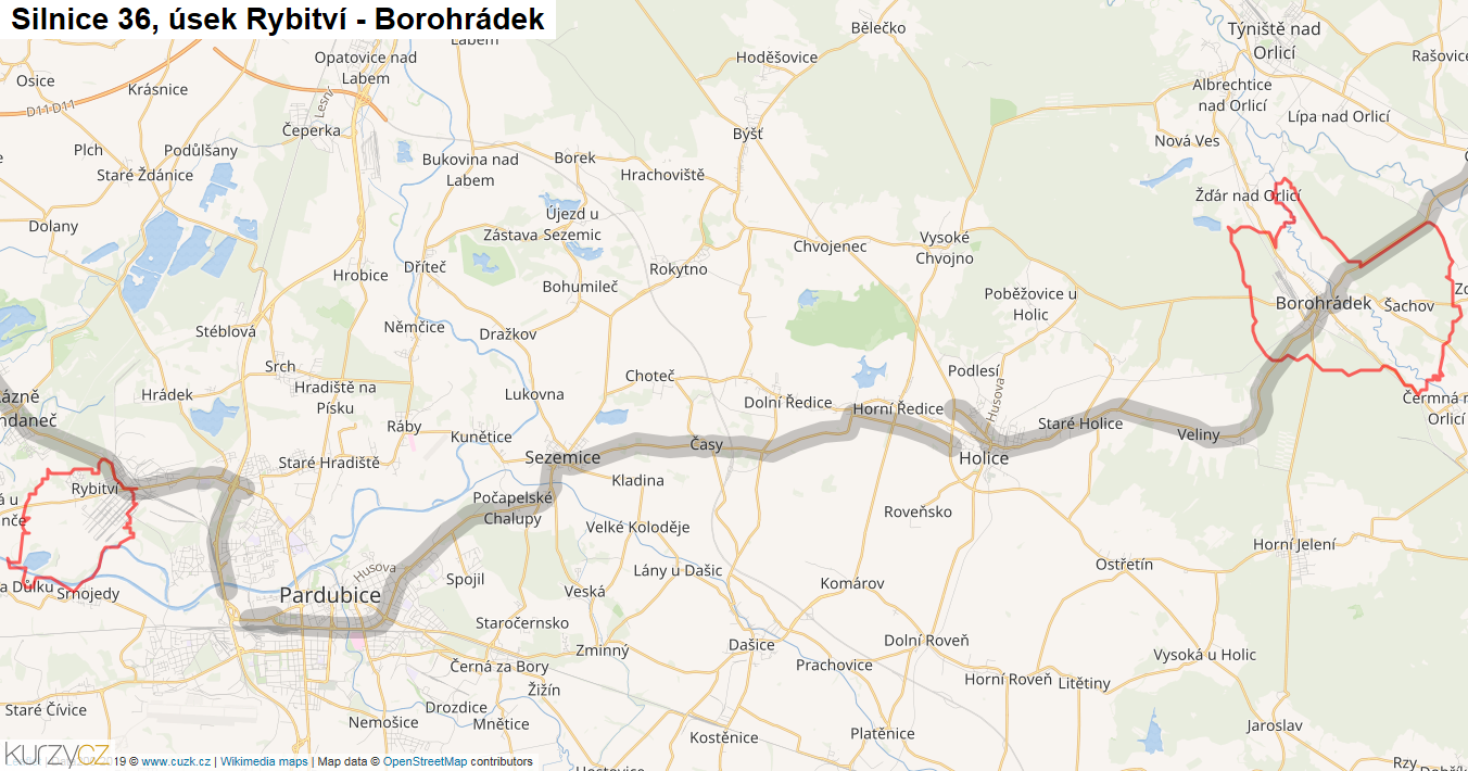 Úsek Rybitví - Borohrádek, Silnice 36 - Mapa