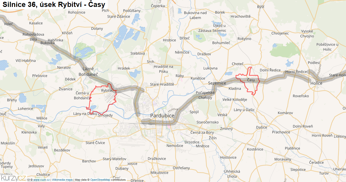 Úsek Rybitví - Časy, Silnice 36 - Mapa