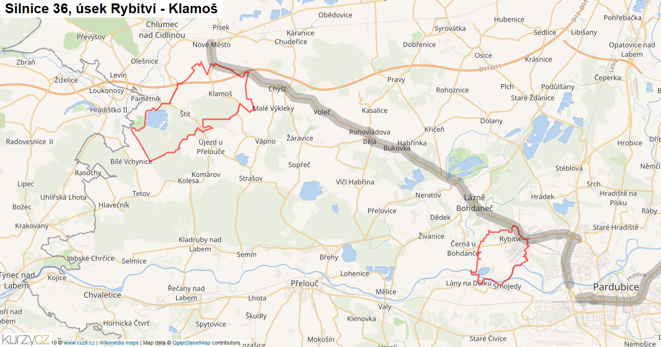 Úsek Rybitví - Klamoš, Silnice 36 - Mapa