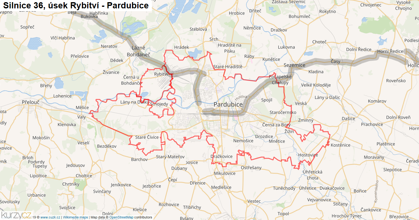 Úsek Rybitví - Pardubice, Silnice 36 - Mapa