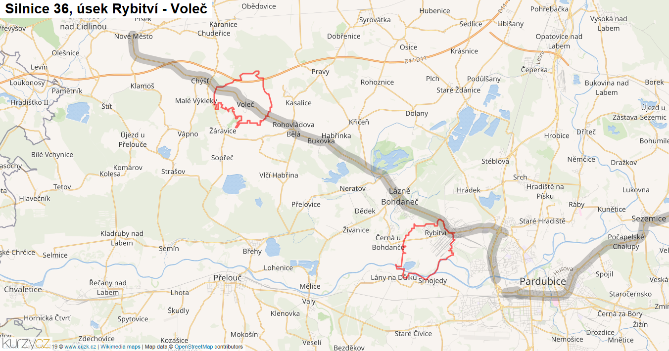 Úsek Rybitví - Voleč, Silnice 36 - Mapa